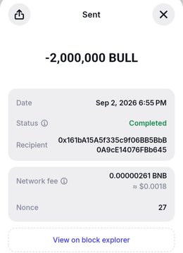 Mobile screenshot of a completed crypto transaction for -2,000,000 BULL sent on Sep 2, 2026, with a network fee of 0.00000261 BNB.