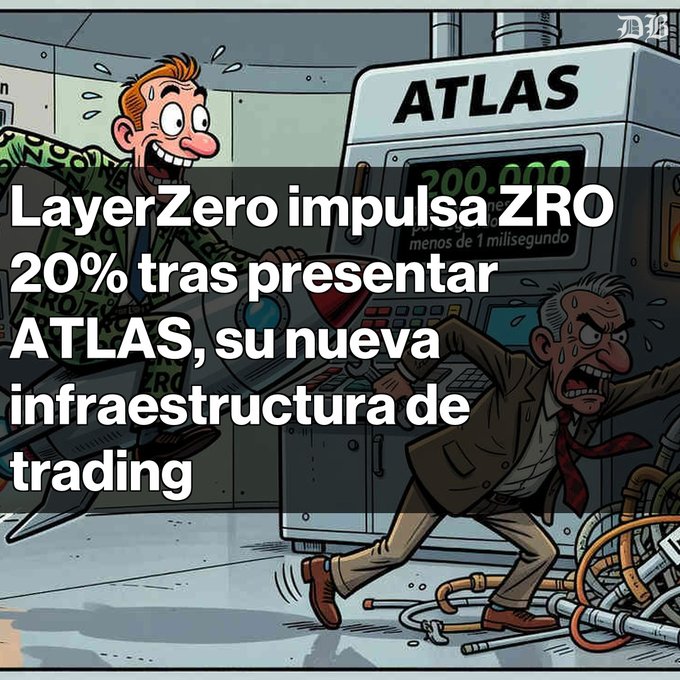 A cartoon illustration shows a man celebrating next to a machine labeled 'ATLAS' displaying '200.000' and 'menos de 1 milisegundo', while a sweating man in a suit runs away. Overlaid Spanish text reads: 'LayerZero impulsa ZRO 20% tras presentar ATLAS, su nueva infraestructura de trading'.