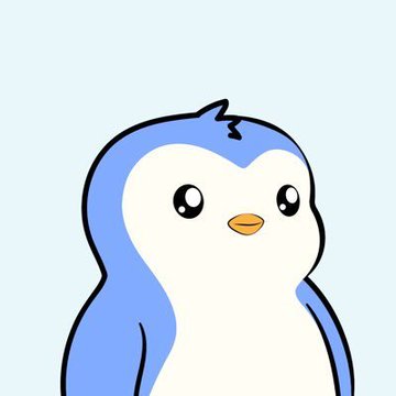 A cute cartoon illustration of a blue and white penguin character with large round eyes and an orange beak on a light blue background.