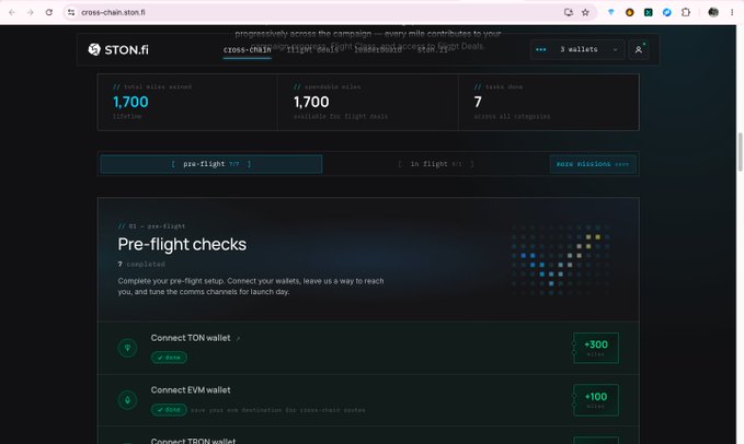 A screenshot of the STON.fi cross-chain campaign page showing 1,700 total sites earned, 1,700 available miles, 7 tasks done, with pre-flight check tasks for connecting TON, EVM, and TRON wallets.