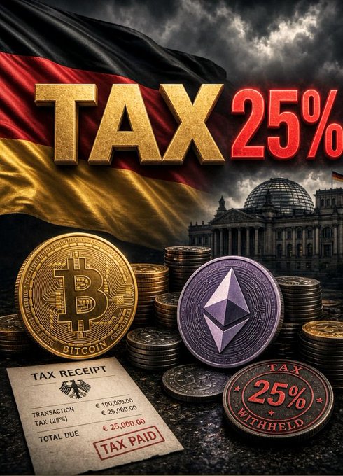 A promotional graphic showing 'TAX 25%' in large gold and red letters over a German flag, featuring Bitcoin and Ethereum coins, a tax receipt showing €25,000 paid on €100,000 transaction, and the Reichstag building in the background.