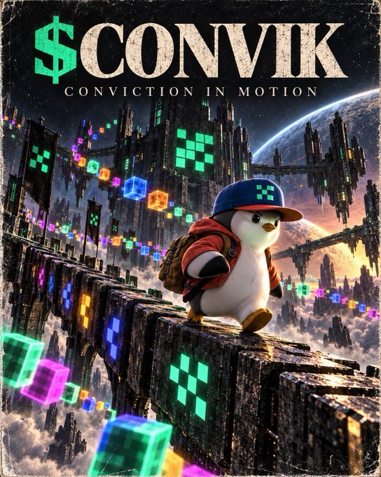 A '$CONVIK' poster with the tagline 'CONVICTION IN MOTION' featuring a penguin character in a cap standing on a futuristic cityscape with glowing cubes.