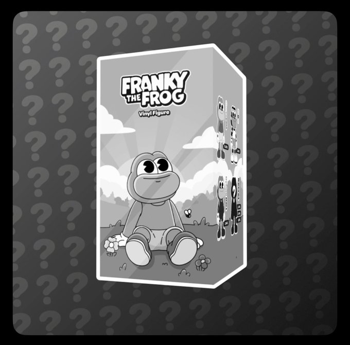 A grayscale illustration shows a package design labeled 'FRANKY THE FROG Vinyl Figure' featuring a cute cartoon frog sitting on the grass.