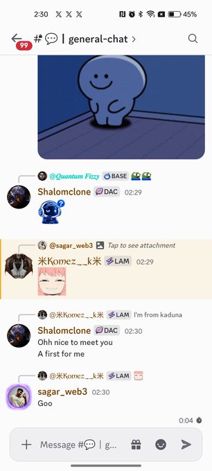 Telegram chat screenshot from #general-chat showing users Quantum Fizzy, Shalomclone, Komez__k, and sagar_web3 exchanging greetings, with Shalomclone noting 'Ohh nice to meet you, A first for me' and sagar_web3 replying 'Goo'.
