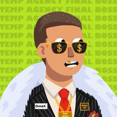 An NFT-style cartoon character wearing sunglasses with dollar signs, a pinstripe suit, fur coat, gold chain, and a 'THE BOSS' medal, with 'TEMP AGENCY FINAL BOSS' text repeated in the background.