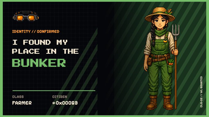 A pixel art character profile titled 'I FOUND MY PLACE IN THE BUNKER' featuring a farmer class with citizen ID 0x00033.
