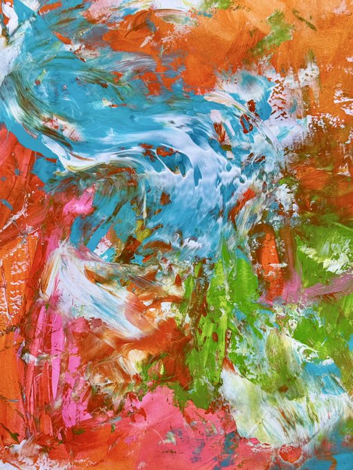 A vibrant abstract painting featuring thick, expressive brushstrokes and mixed colors including orange, blue, pink, green, and white.