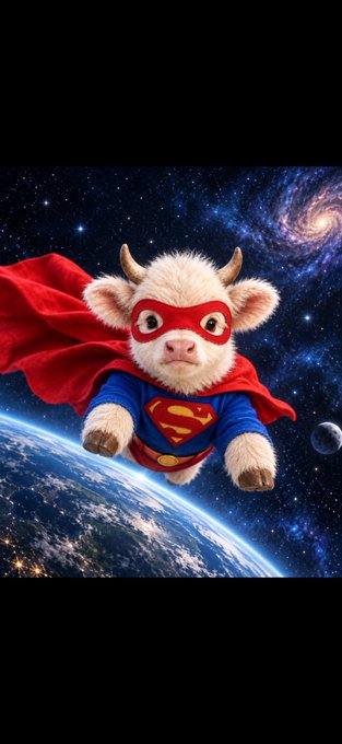 A white cow wearing a Superman costume with red cape and blue suit flies through space above Earth with a galaxy visible in the background.