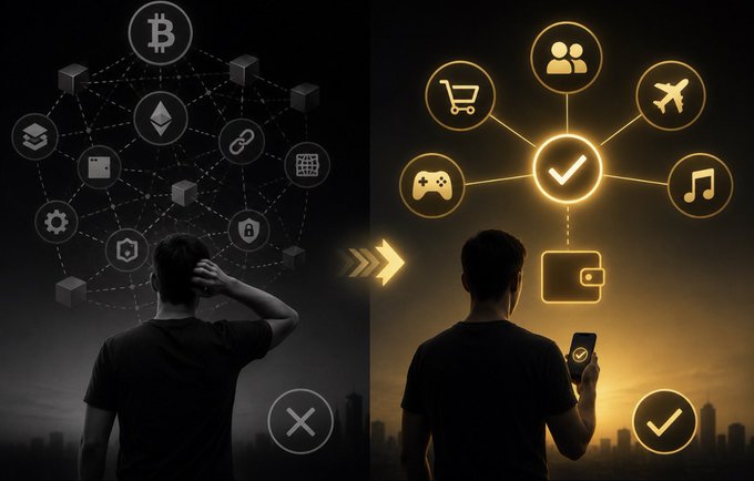 The image contrasts a man overwhelmed by a complex web of crypto/blockchain icons (Bitcoin, Ethereum, smart contracts, nodes) on the left, versus a man on the right seamlessly using a wallet app integrated with everyday services like shopping, travel, gaming, and music—visually reinforcing the message that mass crypto adoption happens when the underlying technology becomes invisible to users.