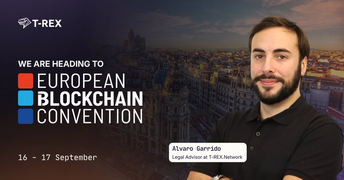 A promotional graphic for T-REX announcing they are heading to the European Blockchain Convention on 16-17 September, featuring a photo of Alvaro Garrido, Legal Advisor at T-REX.Network, against a city skyline backdrop.