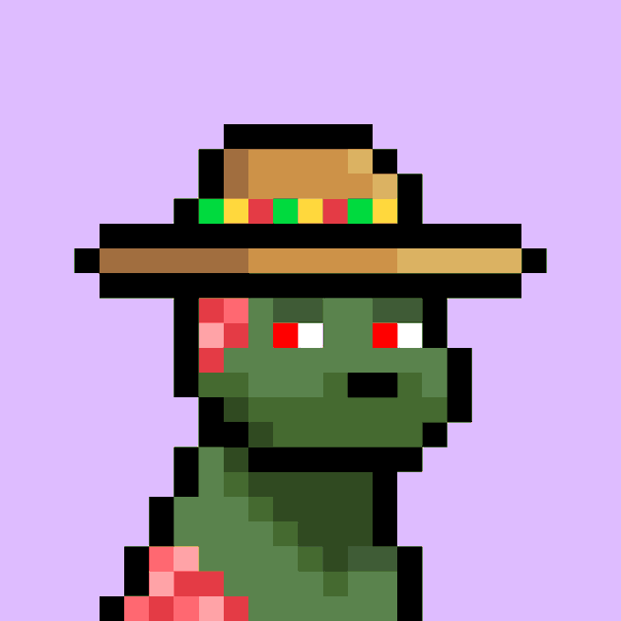 A pixel art depiction of a green dinosaur wearing a sombrero with a colorful band, set against a purple background.