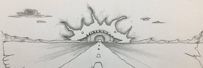 A pencil sketch depicts a surreal landscape with a road leading toward a setting or rising sun behind a domed structure, framed by stylized clouds and distant mountains.

The artwork, credited to @gaziboots, visually echoes the "LUCID" mint's theme of dawning possibilities, as the radiant sun emerging over the horizon mirrors the project's launch after two months of building.