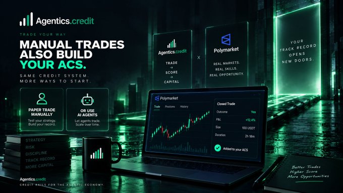 An advertisement for 'Agentics.credit' showing a partnership with Polymarket, with text 'TRADE YOUR WAY. MANUAL TRADES ALSO BUILD YOUR ACS.' and options to 'PAPER TRADE MANUALLY' or 'OR USE AI AGENTS'.