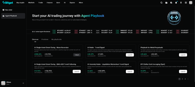 A Bitget cryptocurrency exchange webpage displaying the 'Agent Playbook' section for AI trading, featuring various trading strategies with live trading ROI metrics for different agents and market pairs.