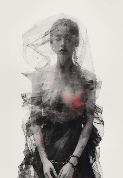 An artistic portrait of a woman with closed eyes wearing a dark dress, surrounded by layers of sheer black tulle or veil fabric with striking red accents near her chest.