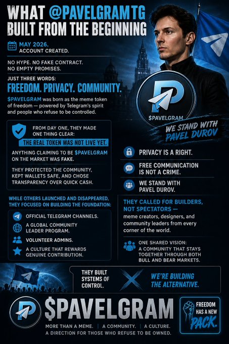 An infographic titled 'WHAT @PAVELGRAMTG BUILT FROM THE BEGINNING' detailing the $PAVELGRAM cryptocurrency project with promises of freedom, privacy, and community.