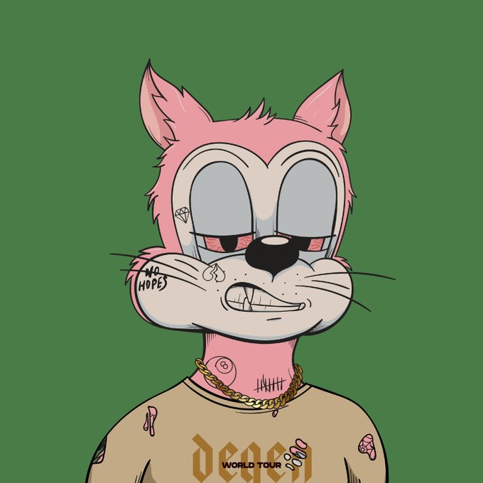 Digital artwork of a pink cartoon cat character with half-closed eyes, tattoos (including 'NO HOPE' and tally marks), a gold chain, and a 'Degen World Tour 2023' t-shirt, on a green background.