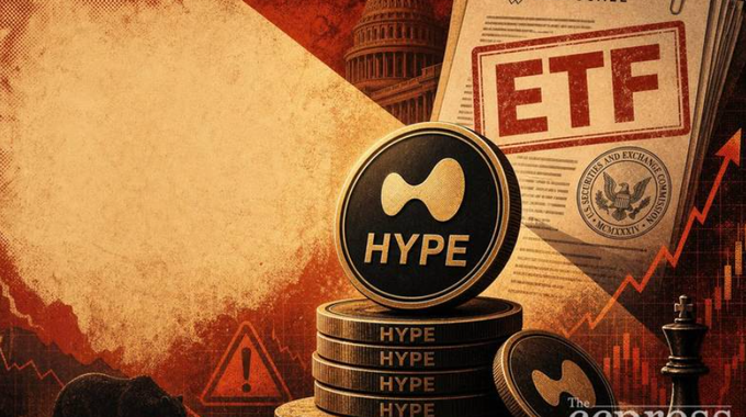 Promotional graphic featuring HYPE coin stacked on top of itself, with an ETF stamp, U.S. Capitol, and SEC seal in the background alongside an upward red arrow.