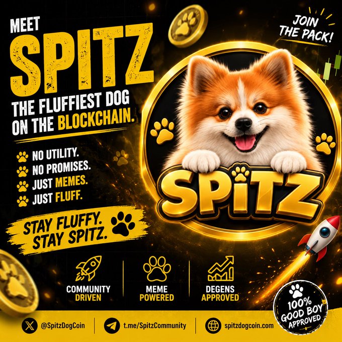 A promotional graphic for a cryptocurrency or memecoin called 'SPITZ', featuring a smiling fluffy dog and the text 'THE FLUFFIEST DOG ON THE BLOCKCHAIN' and 'JOIN THE PACK!'.