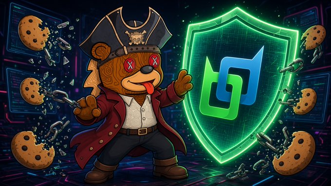A digital illustration features a cartoon bear dressed as a pirate captain breaking cookies out of chains next to a green glowing shield with a stylized logo.