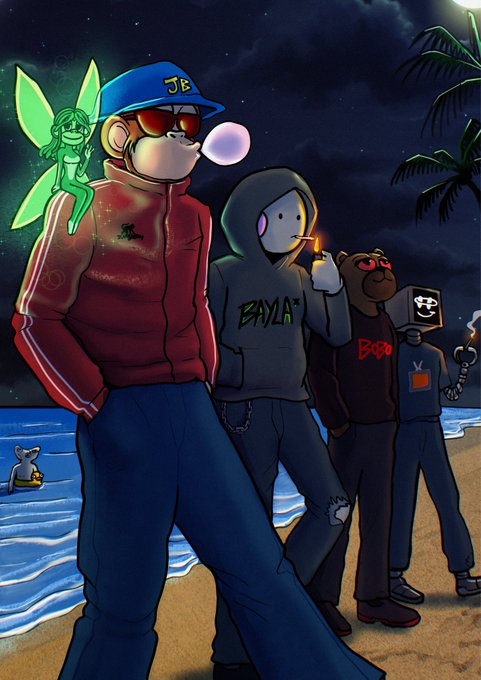 A group of stylized characters, including a man in a red jacket blowing a bubble, a figure in a hoodie labeled "BAYLA," and a robot, stand together on a nighttime beach alongside a glowing green fairy. The artwork visually represents the "Jungle Bay: Roll Deep" crew concept, tying into the post's promotion of the $BAYLA token and its community members.
