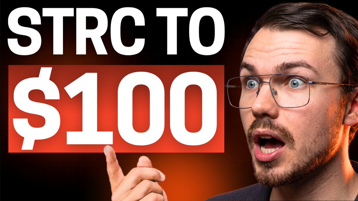 A YouTube thumbnail with bold white text reading 'STRC TO $100' on a red background, featuring a man with glasses making an excited expression and pointing upward.