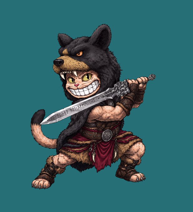 An illustration of a cat warrior wearing a wolf pelt headdress and wielding a sword inscribed with 'HOFFMD XPAKTHP' against a teal background.