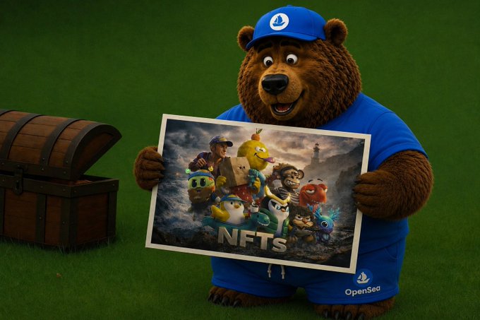A 3D-rendered bear mascot wearing a blue OpenSea cap and shirt holds a poster showing various NFT characters with 'NFTS' text, next to a treasure chest on grass.
