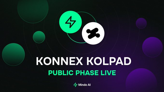 An announcement graphic for 'KONNEX KOLPAD PUBLIC PHASE LIVE' by Mindo AI, featuring green and white circular icons.
