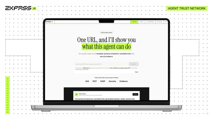 A laptop displays the zkPass.AI "Agent Trust Network" interface, featuring the headline "One URL, and I'll show you what this agent can do" alongside an input field for agent verification and audit categories (A2A, MCP, OASF, Security, Evidence). The image visually supports the post by illustrating how zkPass.AI audits begin with a single URL submission—mirroring the workflow described for fetching agent cards and verifying ERC-8004 registry entries.