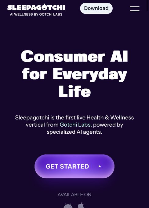 A mobile website screenshot for 'Sleepagotchi - AI Wellness by Gotchi Labs' with the headline 'Consumer AI for Everyday Life,' a 'Get Started' button, and a 'Download' button at the top.