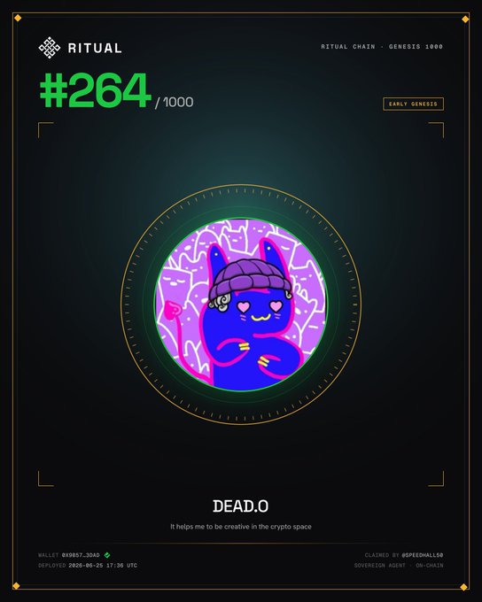 A digital NFT collectible card from 'RITUAL' labeled #264/1000, featuring a neon pink and blue cartoon character named 'DEAD.O' with heart-shaped eyes, described as helping in the crypto space.