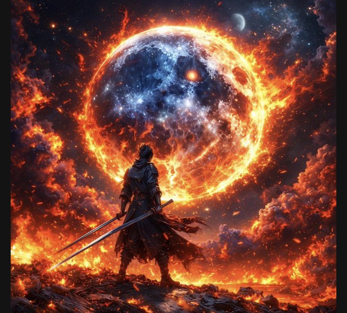 A lone swordsman in dark attire stands on rocky terrain, facing a massive, burning portal of fire that reveals a swirling cosmic galaxy within its fiery ring, with planets and stars visible in the surrounding sky.