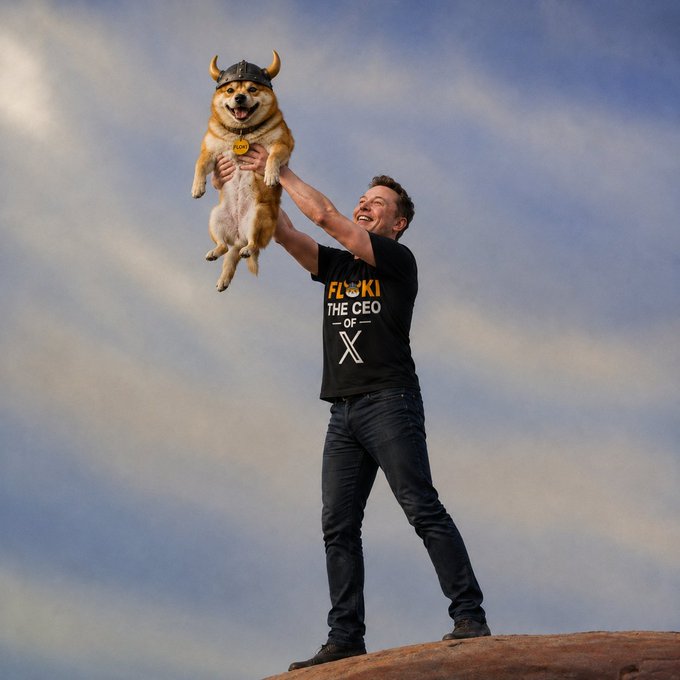 Elon Musk smiling and holding up a Shiba Inu dog wearing a viking horn helmet against a cloudy sky, wearing a black t-shirt that reads 'FLOCKI THE CEO OF X'.