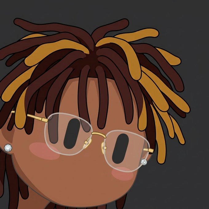 A digital illustration of a character with brown and blonde dreadlocks wearing clear-framed glasses and small diamond earrings.