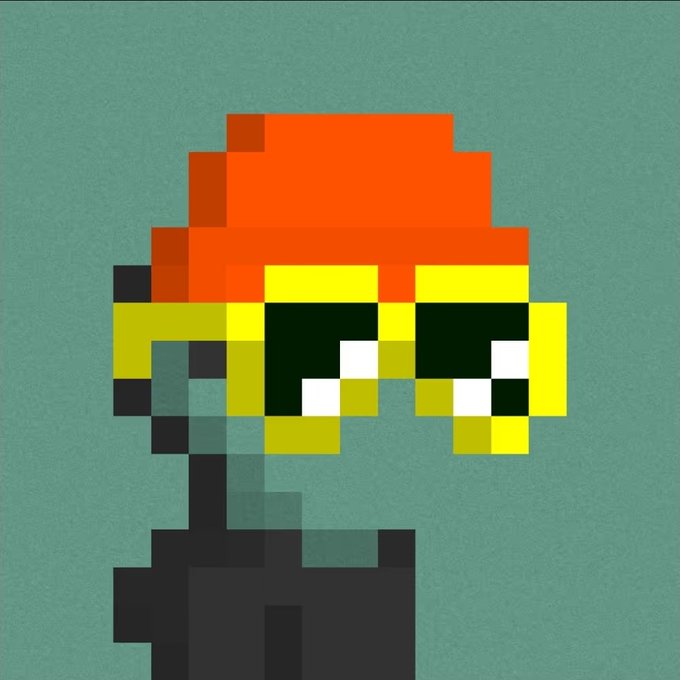 A pixel-art illustration of a character with a red cap and yellow sunglasses against a teal background, evoking a hip-hop music style.