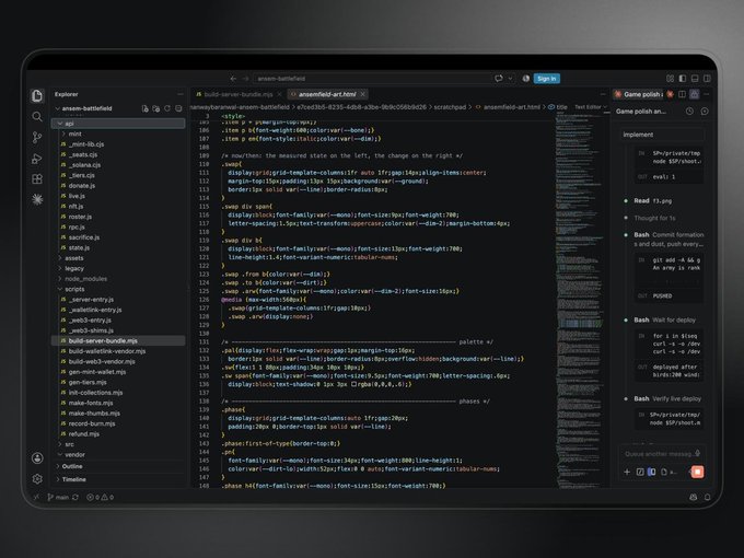A dark-themed code editor displays the source code for 'arsenal-battlefield', a game project, with file explorer and chat panels visible.
