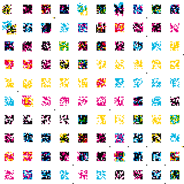 A grid of colorful pixel art sprites arranged in rows and columns, depicting various small character designs and patterns in vibrant colors.