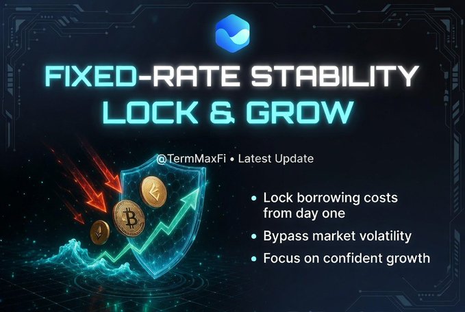 This @TermMaxFi image illustrates "Fixed-Rate Stability," showcasing a shield protecting crypto assets like Bitcoin and Ethereum from downward arrows, representing market volatility, and supporting growth with an upward arrow. This visual directly relates to the post's message about their Fixed-Rate Borrowing model providing a safety net in volatile crypto markets.