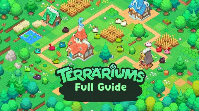The image features a green, detailed map of a terrarium game world with various buildings and elements such as trees and houses scattered throughout the scene. The title "Terrariums Full Guide" is prominently displayed at the top of the image, indicating that this is an article or guide about terrariums in the game.