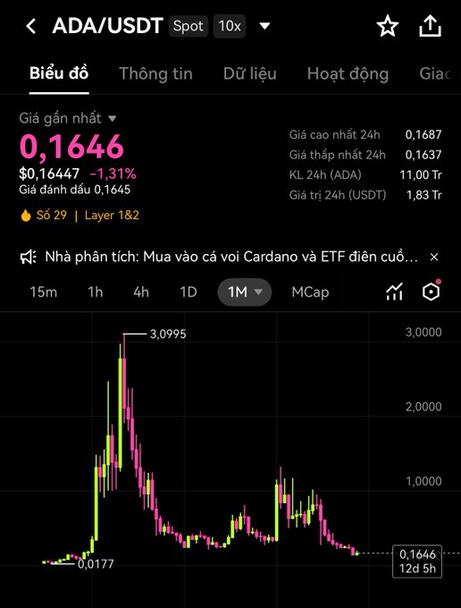 Crypto trading chart on a mobile app showing ADA/USDT spot price at 0.1646, down 1.31%, with a 1M candlestick chart ranging from 0.0177 to 3.0995.