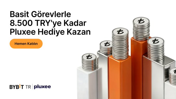 A promotional banner in Turkish for Bybit TR and Pluxee, offering up to 8,500 TRY in rewards for simple tasks, featuring stacks of coins with the Pluxee 't' logo.