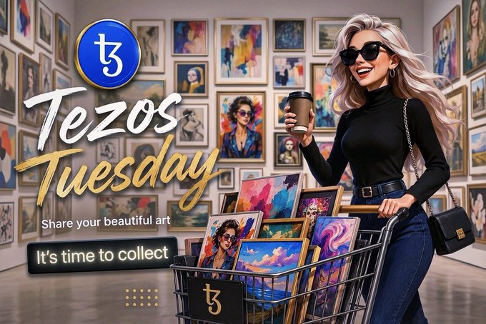 Promotional graphic for 'Tezos Tuesday' featuring a blonde woman in sunglasses holding a coffee cup and pushing a shopping cart filled with colorful artwork in a gallery, with text 'Share your beautiful art' and 'It's time to collect.'