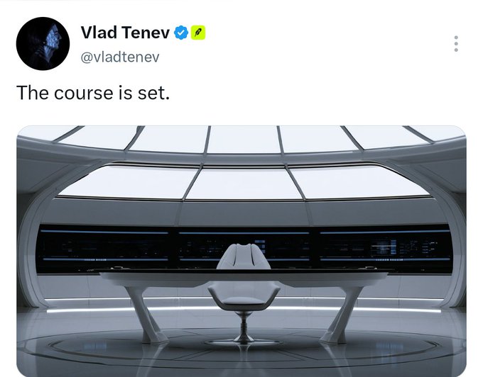 A tweet from Vlad Tenev (@vladtenev) reading 'The course is set.' with an attached image showing a futuristic, sleek command center or bridge with a curved desk, a central chair, and large windows overlooking space.