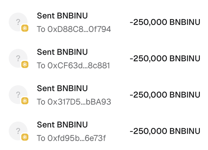 The image shows a crypto wallet transaction history displaying four outgoing transfers of 250,000 BNBINU tokens each to different wallet addresses (0xD88C8...0f794, 0xCF63d...8c881, 0x317D5...bBA93, and 0xfd95b...6e73f). This serves as visual proof of an airdrop claim, corresponding to the post's announcement that participants can receive 250,000 $BNBINU tokens per wallet by leaving their #BNB address and engaging with the pinned tweet.