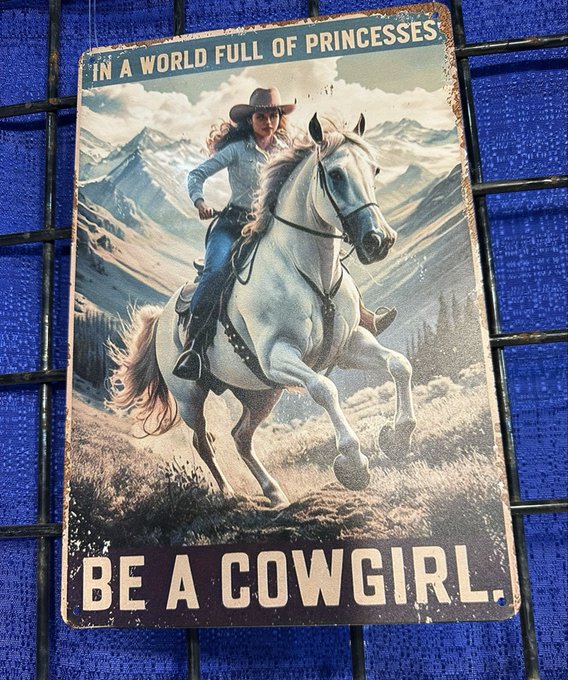 A vintage-style metal sign mounted on a blue fabric backdrop displays an illustration of a cowgirl riding a galloping white horse through mountainous terrain, with the inspirational text "IN A WORLD FULL OF PRINCESSES" at the top and "BE A COWGIRL." at the bottom.