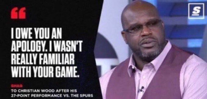 A Sports Illustrated graphic featuring Shaquille O'Neal with the quote 'I owe you an apology. I wasn't really familiar with your game,' attributed to Christian Wood after a 27-point performance vs. the Spurs.