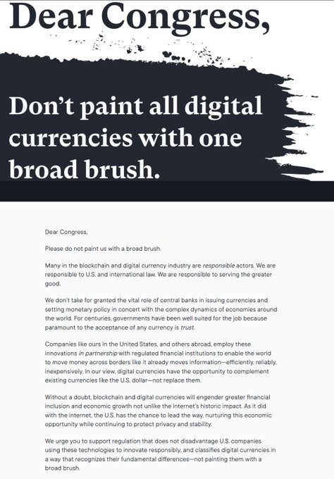 An open letter titled "Dear Congress" urges lawmakers not to paint all digital currencies with one broad brush, arguing that responsible blockchain companies comply with U.S. laws and deserve regulatory clarity. The accompanying quote from Ripple CEO Brad Garlinghouse and Executive Chairman Chris Larsen warns that without clear rules, the U.S. risks driving innovation, tax revenue, and jobs overseas.