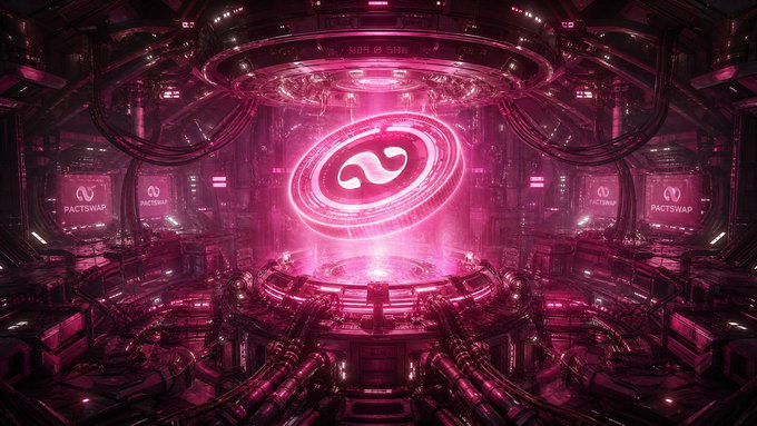 A futuristic, neon-lit chamber bathed in pink light centers on the glowing PactSwap logo, with the brand name displayed on surrounding screens. The high-tech environment visually reinforces the post's message about PactSwap's streamlined, faster cross-chain swapping experience.