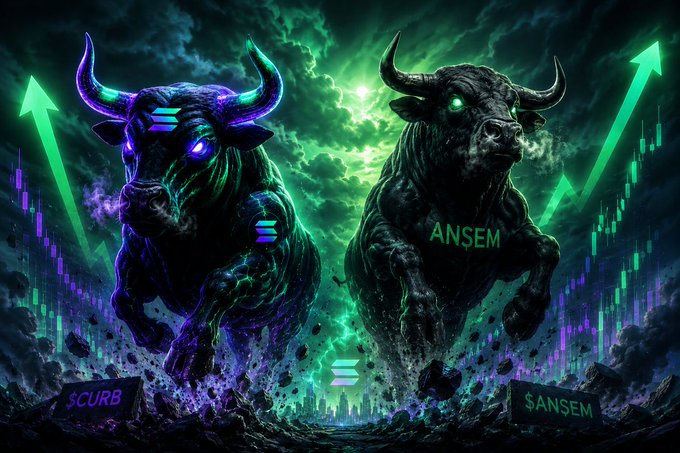 Two glowing, supernatural bulls charge forward against a stormy green-and-purple sky, flanked by rising candlestick charts and upward arrows, with one bull labeled "ANSEM" and the other "SCURB" alongside Solana (SOL) logos—visually embodying the post's bullish call that "$SOL $ANSEM $CURB" will rise.